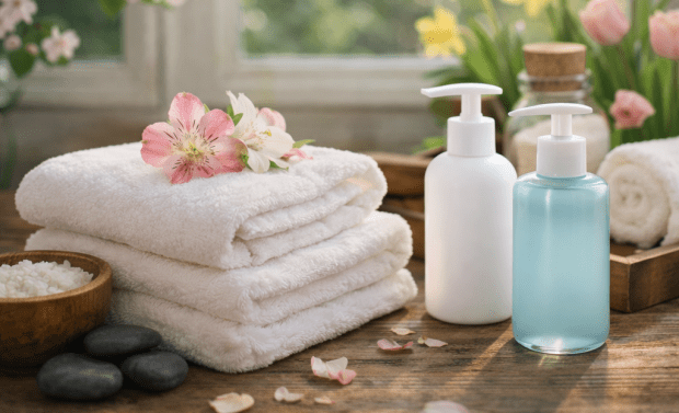 Folded white towels with pink and white flowers, candles, jars of oils, and flower petals on wooden table beside window