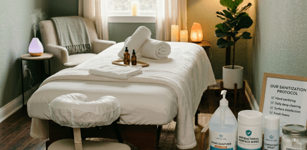 Spa room with massage table, rolled towels, essential oils, and sanitization products