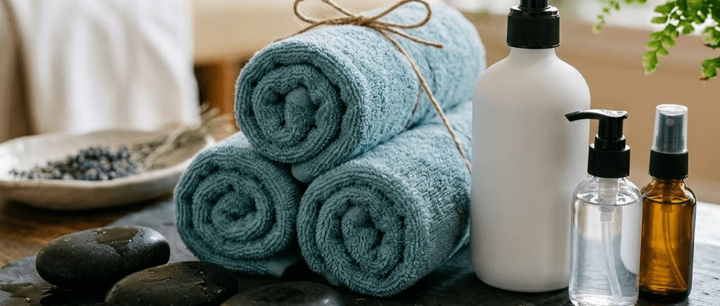 Three rolled blue towels tied with string, spa lotion bottle, hand sanitizer, sanitizing spray, and black massage stones on a dark surface