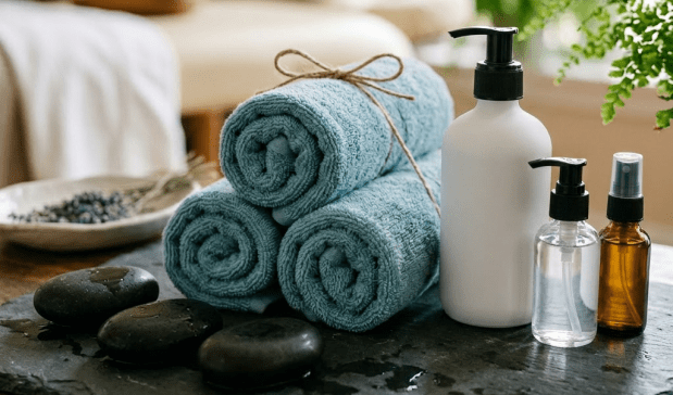 Three rolled blue towels tied with string, spa lotion bottle, hand sanitizer, sanitizing spray, and black massage stones on a dark surface