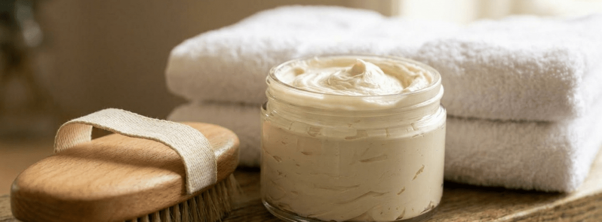 Jar of natural whipped body butter with sandalwood and vanilla, wooden brush, white towels