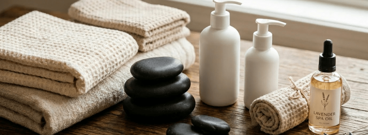 Aromatherapy massage oils, black stones, folded towels, and a bowl with salt and a wooden spoon on a wooden table
