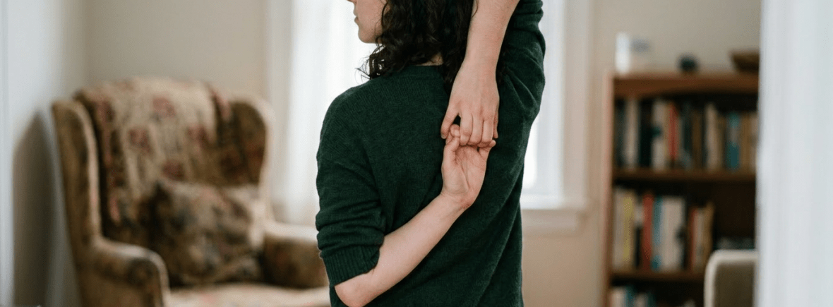 One arm over shoulder reaching down to other